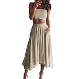 Neongrün Teile Damen Outfits 2023 Sommer Kurzarm V-Ausschnitt Kurz Top Kurz Breit Rock Set, beige, 46