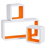 WOLTU Wandregal Cube Regal 3er Set Würfelregal Hängeregal, weiß-orange, Quadratisch Schwebend Design RG9229or