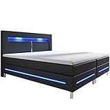 Juskys Boxspringbett Norfolk 140 x 200 cm - LED-Beleuchtung, Bonell-Matratze & Topper - 66 cm Komforthöhe - schwarz - Bett Doppelbett Polsterbett