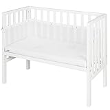 roba Beistellbett safe asleep® 2 in 1-45 x 90 cm - Höhenverstellbar - Komplettes Anstellbett mit Matratze + Canvas Barriere - Mesh Umrandung - Bett Set für Babys - Holz weiß