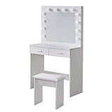 TUKAILAI Modern Schminktisch mit Beleuchtung und Hocker Weiß Kosmetiktisch mit Spiegel und 2 Schubladen Stuhl Make-up Schlafzimmer Frisiertisch mädchen