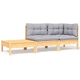 BULANED 3-TLG. Garten-Lounge-Set mit Grauen Kissen, Gartenlounge, Balkon Möbel, Terrassenmöbel, Lounge Gartenmöbel Set, Loungemöbel Terrasse, Balkon Lounge, Kiefer Massivholz