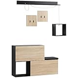 HOMCOM 4-in-1 Garderobenset, Flurgarderobe Flurmöbel inkl. Garderobenständer, Schrankbank, Wandregal, Wandgarderobe für Eingangsbereich, Natur+Schwarz 120 x 32 x 78cm
