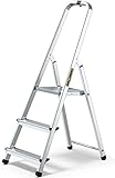 DRABEST Trittleiter 3 Stufen klappbar Alu Leiter mit Ablage Haushaltsleiter Belastbar bis 125 kg Stehleiter kostenloser Haken