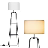 60 Zoll Moderne Schwarze Stehlampe mit Regalen, Leselampe mit beigem Leinentrommelschirm for Wohnzimmer, Schlafzimmer, Büro