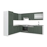 Vicco Eckküche Küchenzeile Einbauküche Fame-Line Landhaus 227x287 cm Spülenunterschrank Schubunterschrank Eckunterschrank Herdumbauschrank Hängeschrank Kühlumbauschrank (Weiß-Grün-Gold)