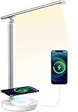 SHEEPPING Schreibtischlampe Led Wireless Charger Dimmbar Tischlampe Bürolampe Touch Control Ladefunktion Nachttischlampe mit USB Ladeanschluss 5 farb und 5 Helligkeitsstufen Memory Funktion Silber