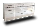 Lqliving Kommode Sideboard Manchester, Korpus in Weiss matt, Front im Hochglanz-Design Weiß (180x77x35cm), inkl. Metall Griffen, Wandmontage, Made in Germany
