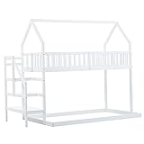 EVURU 90x200cm weiß Etagenbett Hausbett mit Treppe Kinderbett mit Fallschutz und Gitter Rahmen aus Kiefer