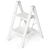 AriseWork 2 Stufenleiter, leicht, zusammenklappbar, Tritthocker, breit, rutschfest, Metallpedal, 227 kg Kapazität, Haushalt, Büro, tragbare Trittleiter, Weiß