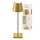 SIGOR Nuindie - Dimmbare LED Akku-Tischlampe Indoor & Outdoor, Höhe 38 cm, aufladbar mit Easy-Connect, 12 h Leuchtdauer, Gold-eloxiert