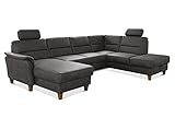 CAVADORE Wohnlandschaft Palera / U-Form Federkern-Sofa mit Schlaffunktion, Stauraum und 2 Kopfstützen / 314 x 89 x 212 / Mikrofaser in Lederoptik, Dunkelgrau