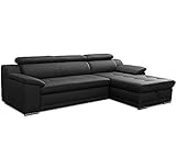 CAVADORE Schlafsofa Aniamo in Leder / Ecksofa mit Schlaffunktion, Bettkasten, Kopfteilverstellung und großem Longchair / 270 x 80 x 165 / Kunstleder, Schwarz