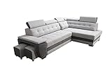 Robin Grand Ecksofa mit Schlaffunktion Bettkasten Kopfstützen Relaxfunktion 2 Hocker Sofa L-Form Schlafsofa Freistehende Eckcouch Schlafcouch Wohnzimmermöbel Wohnlandschaft Rechts Silver Anthracite