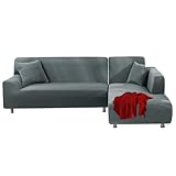 FIGOOO Sofabezug Ecksofa L Form Links Rechts Stretch Sofa Überwürfe 2er mit 2 Stück Kissenbezug Abnehmbarer Universal Elastische Couchbezug Sofahusse L Shaped (2 Sitzer+3 Sitzer,Hellgrau)