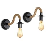 2 Stück Wandleuchte Innen, Wandleuchte Retro, Hanfseil Schwarz Industrial E27 Wandlampe für Schlafzimmer, Wohnzimmer, Treppen, Flur (ohne Leuchtmittel)