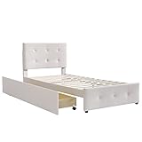 KecDuey Einzelbett,Polsterbett 90 x 200 cm Bett mit Lattenrost, Rückenlehne und Zwei Schubladen, hautfreundlicher Flanellstoff Beige flaches Kinderbett Jugendbett Gästebett (Beige, 90 x 200 cm)