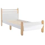 HOMCOM Kinderbett Jugendbett Hausbett mit Betttasche Spielzeugtasche ab 3 Jahre Holzbett Kinderzimmer Spielbett Einzelbett Kiefernholz Weiß+Natur 229 x 98 x 95 cm