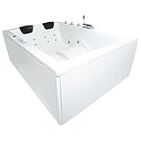 Basera® Classic Indoor Whirlpool Badewanne XXL Wave für 2 Personen mit 24 Massagedüsen, Wasserfall, LED-Ambiente, Touchpanel, Bluetooth und Radio (190 x 140 cm)