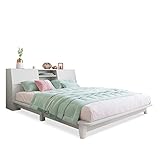 Ycxydr Bett 140x200 mit Bücherregal und Lattenrost, Massivholz Doppelbett Stauraum-Kopfteil Bett, Bettgestell Holzbett mit Kopfteil, Kinderbett Jugendbett Kiefer massiv Weiß (Ohne Matratze)