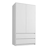 Framire B-9 Kleiderschrank in Weiß, 2-türiger Kleiderschrank, 2 Schubladen, Kleiderschrank für das Schlafzimmer, Wohnzimmer, Flur, 180 x 90 x 55 cm