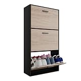 Organize Schuhschrank für 18 Paare - schuhkipper schmal - schuhregal geschlossen für Eingang, Flur - B60xT24xH113 cm – Schwarz/Helles Holz