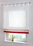 Devola Voile Raffrollo transparent Raffgardinen mit Schlaufen Blumenmuster Stickerei Fenstergardinen Faltvorhang Modern Rollo Küchengardine Tür Vorhänge BxH 140x155cm Rot 1er Pack