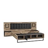 FORTE JAKOBINA Bett mit Nachtkommoden und 2 Schubladen und 1 Tür, Liegefläche 180 x 200 cm, Holzwerkstoff, Planked Eiche / Schwarzeiche, 296.8 x 119.7 x 234.5 cm