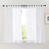 PONY DANCE Gardinen Wohnzimmer Modern Kurz 2er Set H 145 x B 10 cm Vorhang Weiß Transparent Kurze Vorhänge mit Schlaufen Leinenoptik Gardinen Transparent Weiss