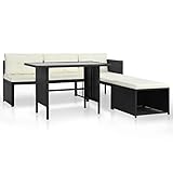 Tidyard 4-TLG. Garten Essgruppe, Gartenmöbel Sitzgruppe, Gartenlounge, 2-Sitzer-Sofa, Eckbank, Fußstütze und Esstisch, Poly Rattan Schwarz