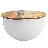 FineBuy Couchtisch Mango 60x34x60 cm Massivholz Metall Tisch Industrial Rund Weiß | Design Wohnzimmertisch mit Stauraum | Loungetisch Sofatisch Modern