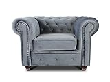 Sessel Chesterfield Asti - Couch, Couchgarnitur, Couchsessel, Loungesessel, Stühl, Holzfüße - Glamour Design, Velours (Grau (Velvet 10))