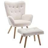 HollyHOME Sessel mit Hocker Wohnzimmerstuhl Relaxsessel, Polsterstuhl Samtstoff Akzent Stuhl mit Fußschemel Loungestuhl, Lesestuhl für Schlafzimmer, Beige