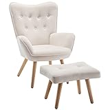 HollyHOME Sessel mit Hocker Wohnzimmerstuhl Relaxsessel, Polsterstuhl Samtstoff Akzent Stuhl mit Fußschemel Loungestuhl, Lesestuhl für Schlafzimmer, Beige