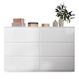 Virgorack Hochglanz-Kommode mit 6 Schubladen, 130 cm, weißes Sideboard, Aufbewahrungsschrank für Schlafzimmer und alle Wohnzimmer