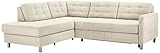 CAVADORE Ecksofa Piccoli mit Ottomane links / Sofaecke mit Bettfunktion und Bettkasten im modernen Design / 233 x 80 x 196 / Flachgewebe Beige