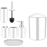 XIDIT Badezimmer-Zubehör-Set, 6-teilig, Kunststoff-Zahnbürstenhalter, Zahnputzbecher, Seifenspender, Seifenschale Warten (weiß)