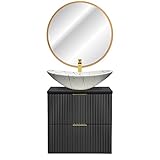 Lomadox Waschplatz Set mit marmoriertem Keramik-Aufsatzbecken und LED-Spiegel, matt schwarz mit gerillter Front, B/H/T ca. 61/200/46,5 cm