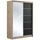 MKS MEBLE Kleiderschrank mit Spiegel 150 cm - Schwebetürenschrank Flurschrank Wardrobe - Schlafzimmerschrank Sammlung Mazedonien - Eiche Artisan und Schwarz - Modern Design