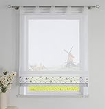 CORLIF Raffrollo mit Schlaufen Modern Raffgardine Küche Schlaufenrollo Leinenoptik mit Blumen Stickerei Transparente Rollo Landhaus Kurz Fenster Schal B/H 140/150 cm Grau