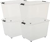 Iris Ohyama, Aufbewahrungsboxen aus Kunststoff mit Deckel und Clips, 60L, 4er Set, modulare Räder, BPA frei, Büro, Wohnzimmer, TBR-60, Klar