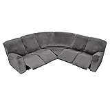 GUYIRT Samt Ecksofabezug Für 5 Sitzer, Stretch 7-teilig Ruhesessel Bezug Formschlüssig L Form Sofa überzug Waschbar Couchbezug L Form Für Ecksofa -dunkelgrau-7 Stück