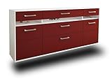 Lqliving Kommode Sideboard Manchester, Korpus in Weiss matt, Front im trendigem Rot/Bordeaux (180x77x35cm), inkl. Metall Griffen, Wandmontage, Made in Germany