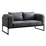 OFCASA 2 Sitzer Sofa Gepolstert Kunstleder Couch mit Metallrahmen und Kissen Sofa für Wohnzimmer Büro Garten, 145 x 65 x 65 cm Grau