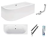 ECOLAM Badewanne Wanne Eckwanne Eckbadewanne für Zwei Modern Design Acryl weiß Avita 150x75 cm RECHTS + Schürze Ablaufgarnitur Ab- und Überlauf Automatik Füße Silikon Komplett-Set