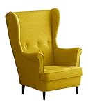 Leo Lounge Sessel mit Armlehnen, Stuhl aus Stoff mit Holz Füßen, Ohren- & armlehnensessel, Polsterstuhl, Ohrensessel, Ohrensessel groß, für Esszimmer & Wohnzimmer (Gelb, Ohne Hocker)