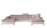 MOEBLO Ecksofa mit Schlaffunktion mit Bettkasten Couch U-Form Polstergarnitur Wohnlandschaft Polstersofa mit Ottomane Couchgranitur - RUFO U (Rosa +Weiß (Omega 91+Soft 17), Ecksofa Links)