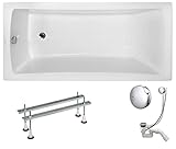 VBChome Acryl Badewanne 160x70 cm Weiß Rechteck Wanne Siphon Wannenfüße Design Modern Ablaufgarnitur in Chrom Viega Simplex