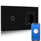 BSEED Smart Alexa Lichtschalter,WIFI Lichtschalter mit Steckdose Kompatibel mit Alexa,Google Home,Glas Touchscreen-schalter,Smart Lichtschalter 1 Fach 1 Weg Schwarz(Neutrale Leitung benötigt)