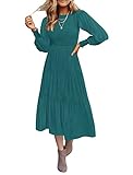 ZESICA Damen 2023 Casual Langarm Rundhals Hohe Taille Gesmoktes Flowy Gestuftes Midikleid, Tealgreen, Mittel